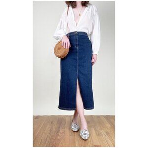 Vintage Denim Jean Midi Maxi Skirt Euro Girl French Parisian Column Straight Cut